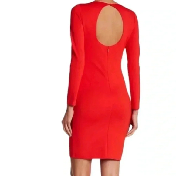 HALSTON HERITAGE | Ponte Knit Dress | Long Sleeve Cutout Keyhole Sheath Red | M - Picture 4 of 10